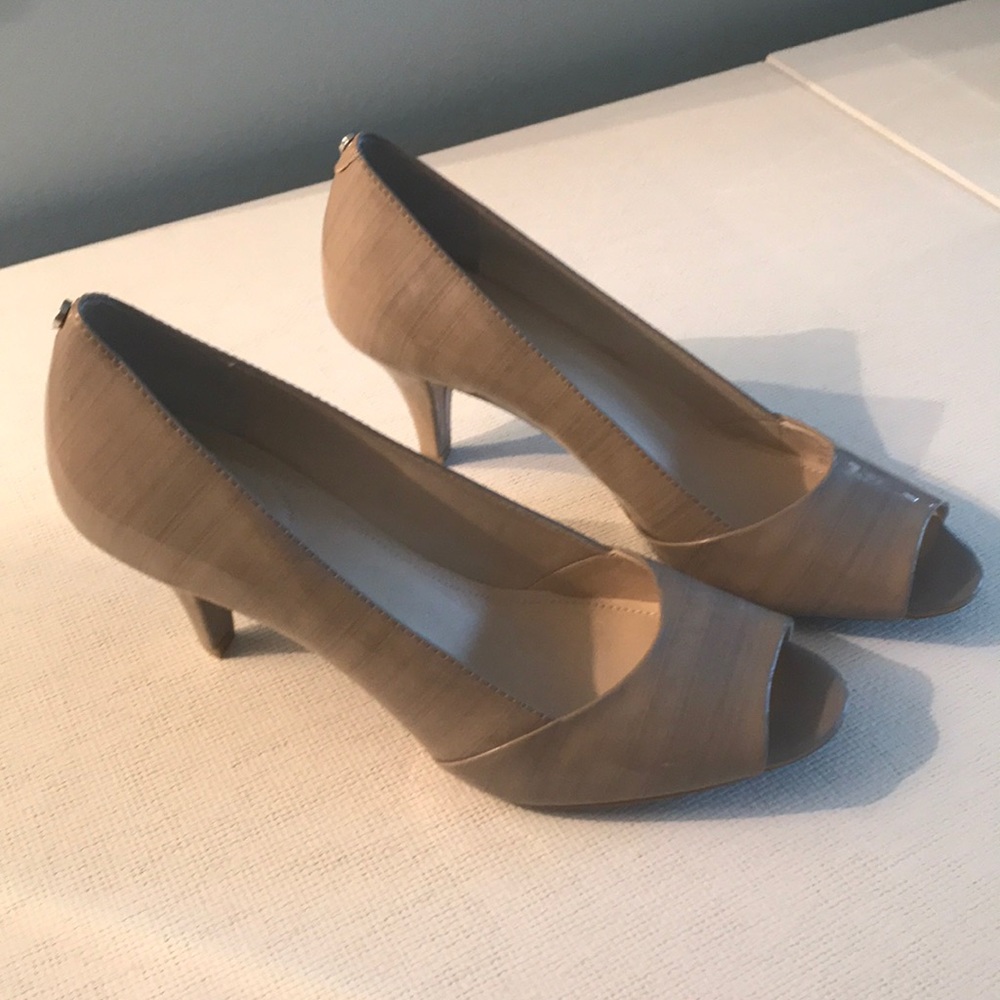 Beige and gray Calvin Klein open toed heels